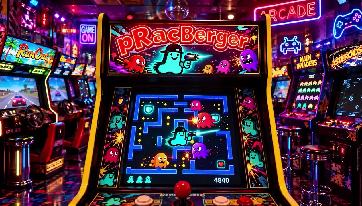 Spielautomat pRacBerger in einer Spielhalle mit Neonlicht